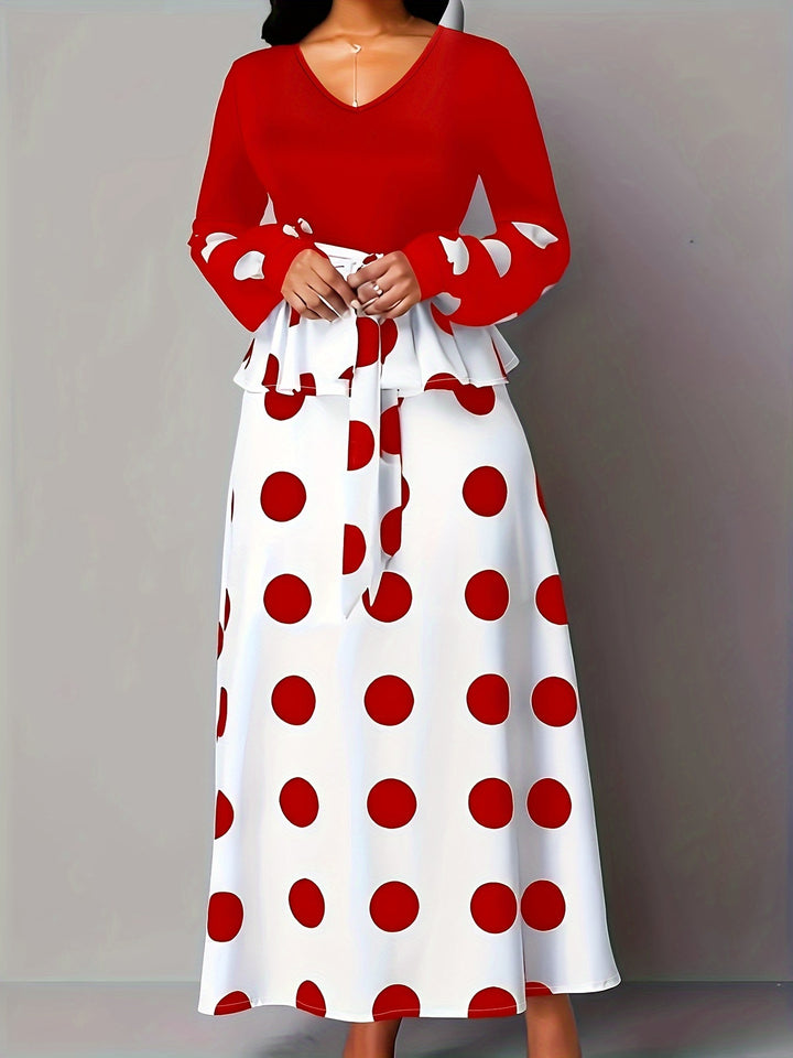 Elegant Plus Size Polka Dot Maxi Dress with Ruffle Trim and Long Sleeves, Perfect for All Seasons, Women's Plus Size Clothing