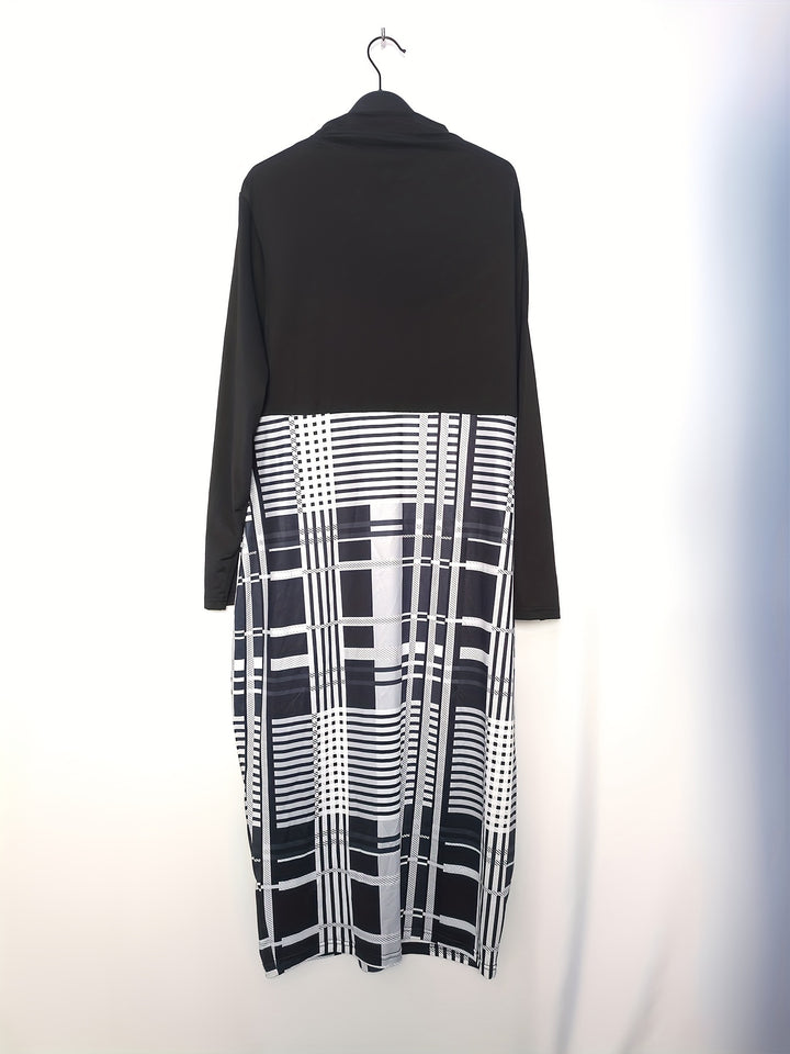 Elegant Plus Size Dress for Women - Colorblock Plaid Print Midi Dress with Mock Neck and Long Sleeves