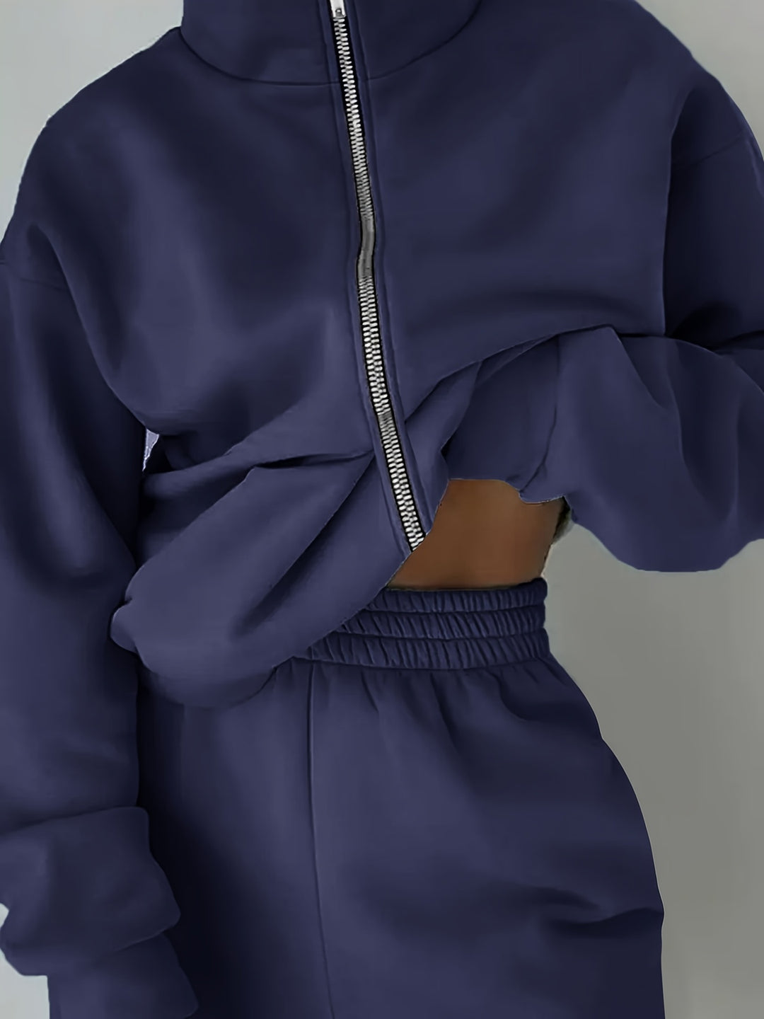 Plus Size Sporty Outfits Set, Women's Plus Solid Zipper Front Long Sleeve Coat & Joggers Outfits 2 Piece Set