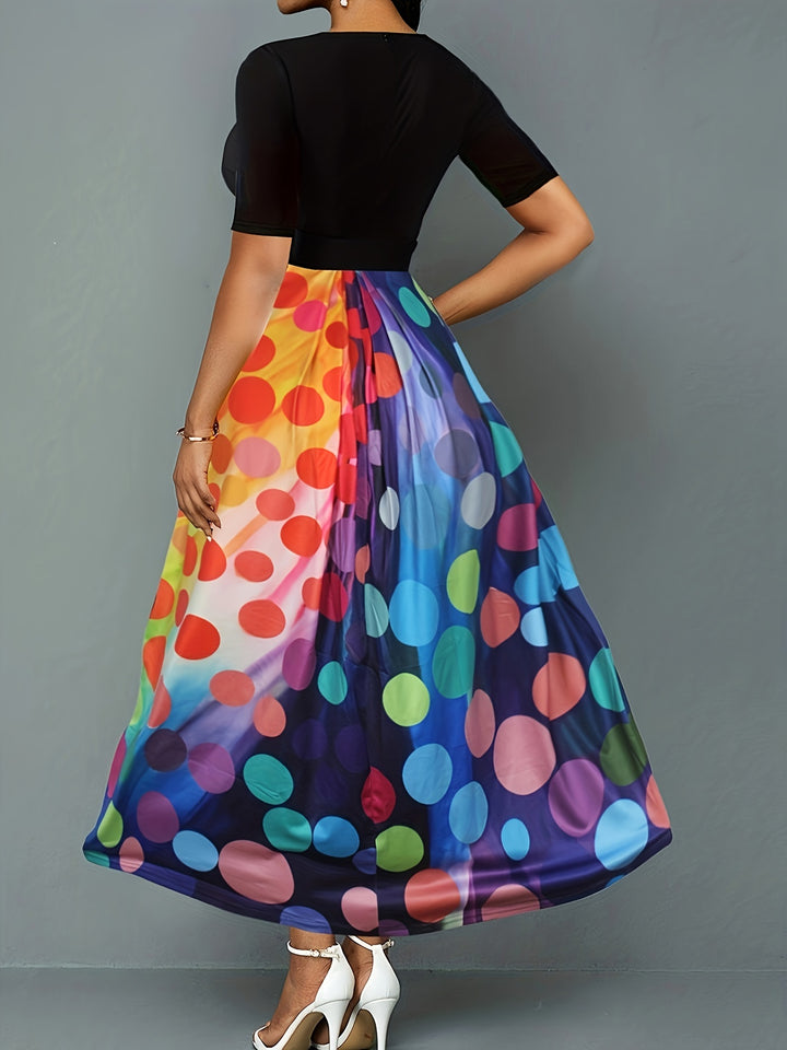 Plus Size Casual Dress, Women's Plus Colorblock Ombre Dot Print Short Sleeve V Neck Maxi A-line Dress