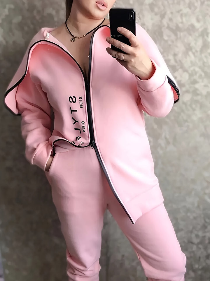 Letter Print Two-piece Set, Zipper Back Drop Shoulder Hoodie & Elastic Waist Casual Pants Outfits, Women's Clothing