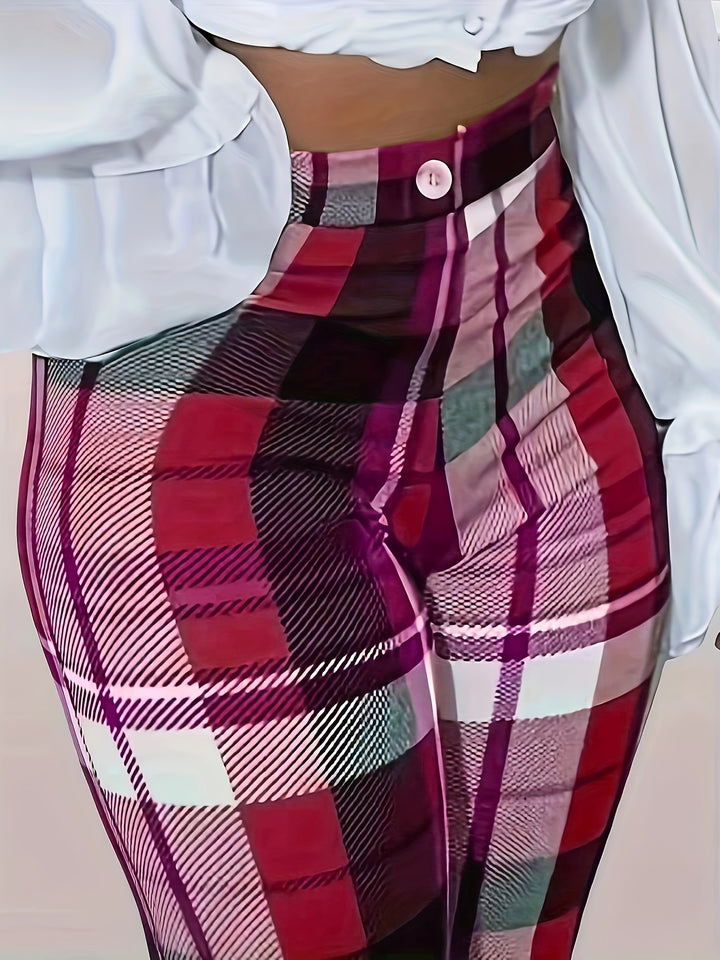 Plaid Print High Waist Pants, Casual Button Front Straight Leg Pants For Spring & Fall, Women's Clothing