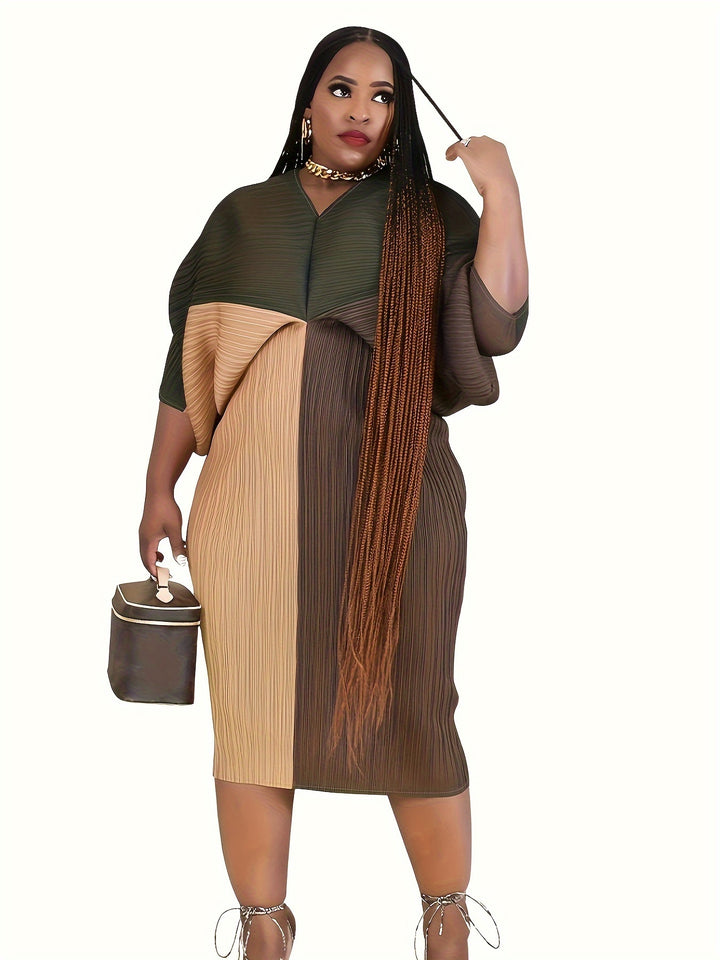 Color Block Batwing Sleeve Dress, Casual V Neck Bodycon Maxi Dress, Women's Clothing