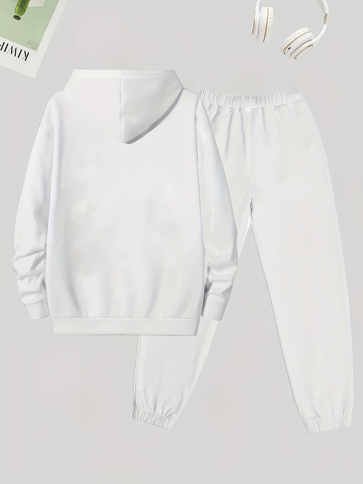 Solid Casual Two-piece Set, Drawstring Long Sleeve Hoodies & Workout Jogger Pants Outfits, Women's Clothing