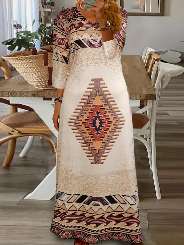 Plus Size Boho Dress, Women's Plus Southwestern Print Half Sleeve V Neck Slight Stretch Maxi Dress