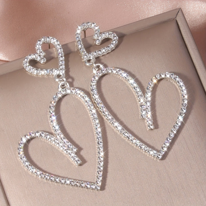 Double Hollow Heart Design Shiny Rhinestone Inlaid Dangle Earrings Simple Luxury Style Delicate Gift For Lovers