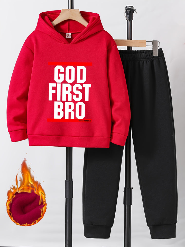 2pcs "God First Bro" Print Fleece Outfit For Boys, Warm Hoodie & Pants Set, Trendy Hooded Long Sleeve Top, Kid's Clothes For Fall Winter, As Gift