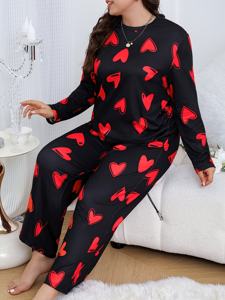 Women's Valentine's Day Casual Pajamas Set, Plus Size Heart Print Long Sleeve Medium Stretch Top & Pants Loungewear 2 Piece Set