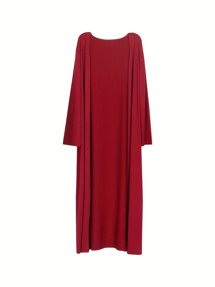 Plus Size Sexy Outfits Two Piece Set, Women's Plus Solid Long Sleeve Open Front Cardigan & Bodycon Tube Dress Outfits Two Piece Set