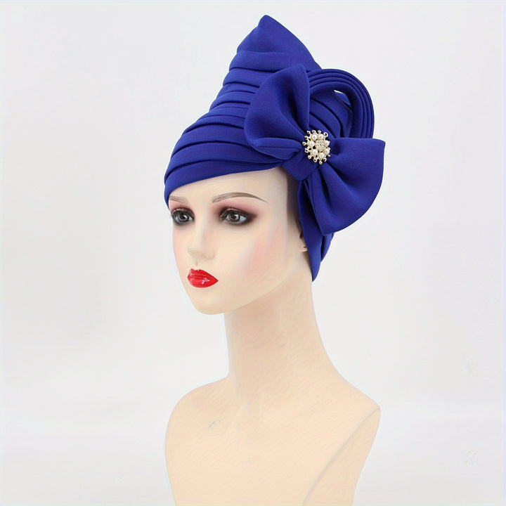 Faux Pearl Alloy Decor Turban Cap Elegant Bow Bandana Multi Layer Wrinkled Trendy Adjustable Hijab Women Hair Accessories