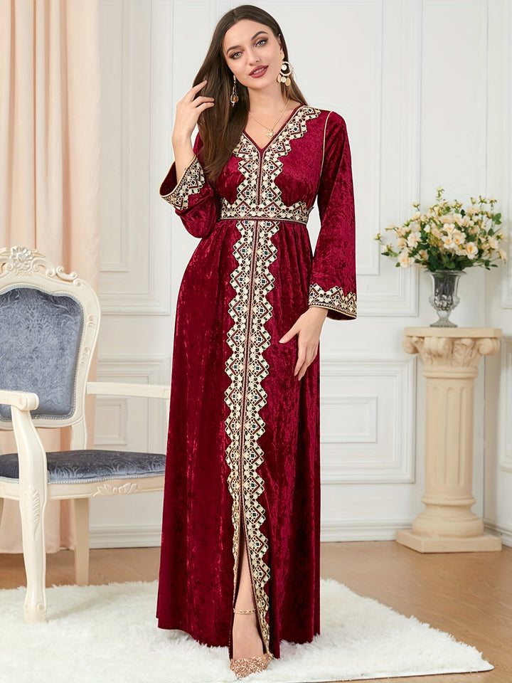 Contrast Trim V-neck Kaftan Dress, Elegant Long Sleeve Tie-waist Maxi Length Dress, Women's Clothing