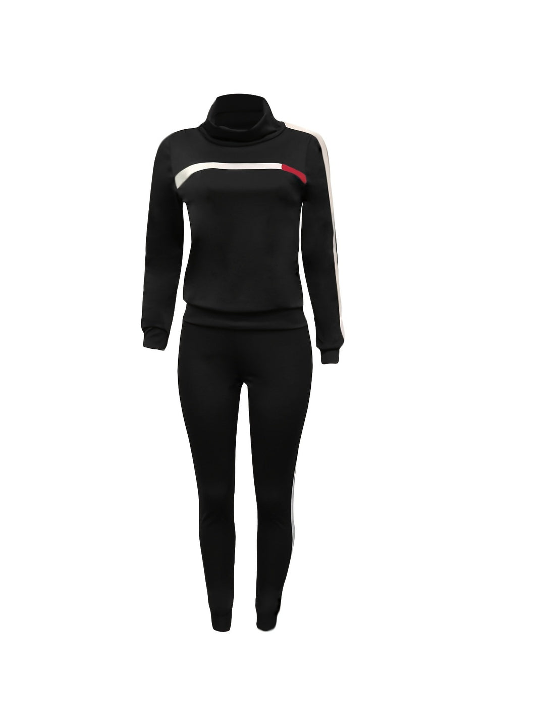 Striped Graphic 2 Piece Tracksuit Outfits, Casual Turtleneck Pullover Shirt & Sweatpants, Women's Clothing