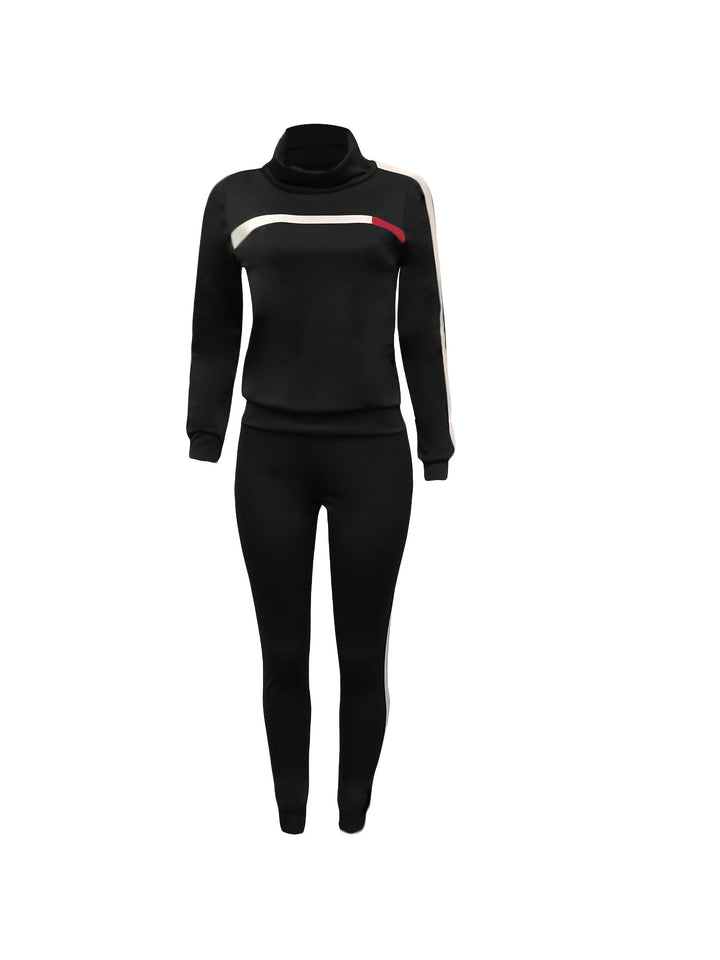 Striped Graphic 2 Piece Tracksuit Outfits, Casual Turtleneck Pullover Shirt & Sweatpants, Women's Clothing