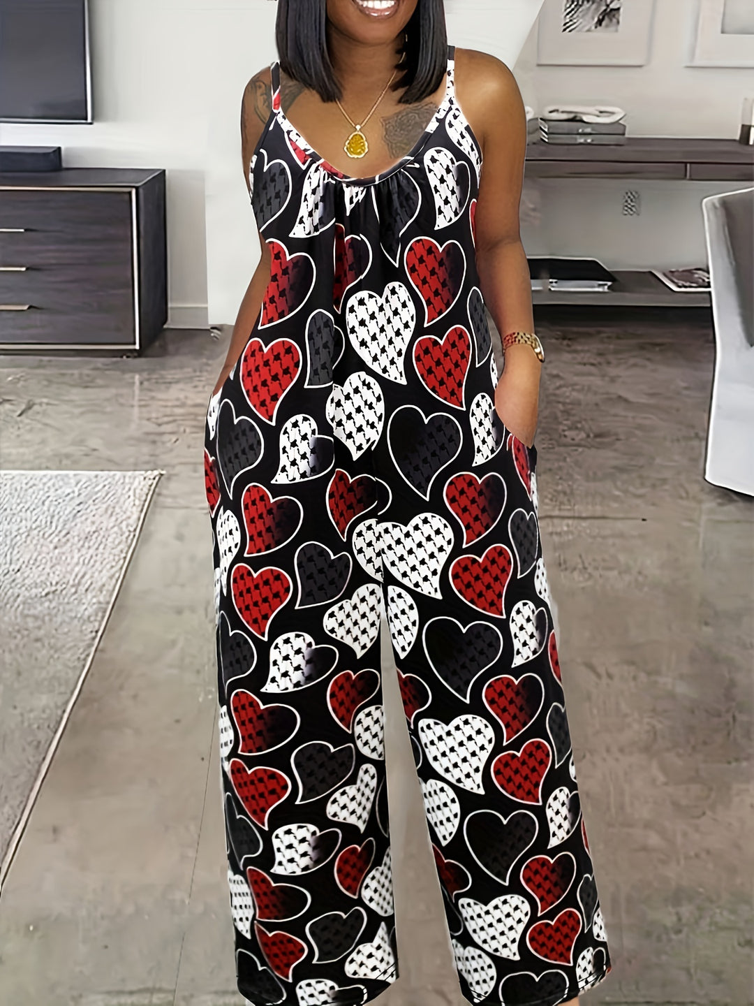 Women's Valentine's Day Jumpsuit, Plus Size Heart Print Round Neck Wide Leg Cami Jumpsuit With Pockets