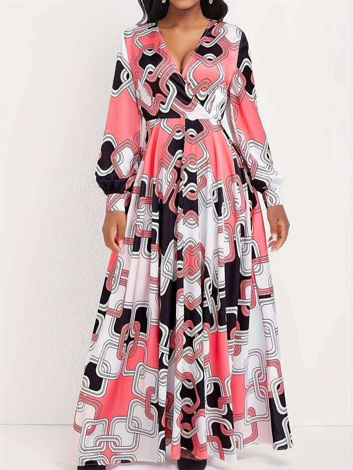 Plus Size Casual Dress, Women's Plus Colorblock Chain Print Lantern Sleeve Surplice Neck Maxi Dress