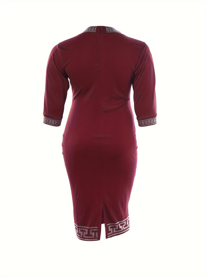 Plus Size Casual Dress, Women's Plus Rhinestone Decor Geometric Pattern Half Sleeve Round Neck Midi Dress