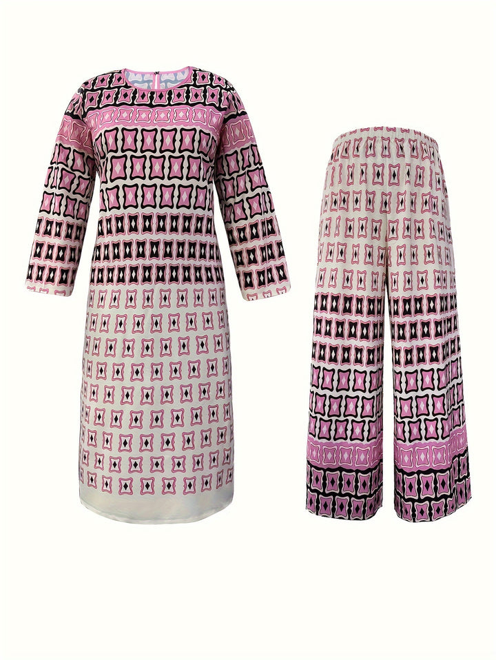Plus Size Casual Outfits Set, Women's Plus Colorblock Geometric Print Long Sleeve Round Neck Dress & Pants Outfits 2 Piece Set