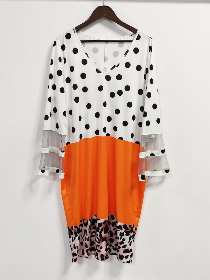 Elegant Plus Size Midi Dress with Colorblock Polka Dot & Leopard Print Contrast Mesh Bell Sleeves