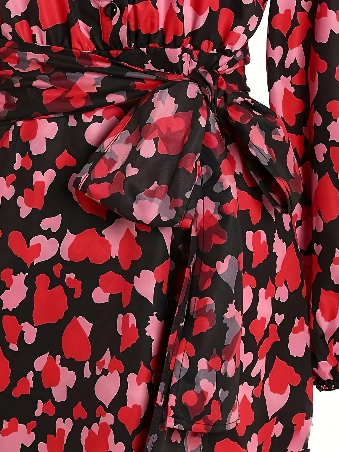 Plus Size Valentine's Day Casual Dress, Women's Plus Heart Print Lantern Sleeve Notched Neck Belted Dress
