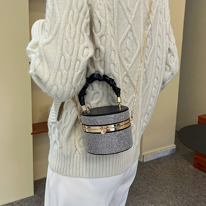 Mini Allover Rhinestone Handbag, Ruched Detail Evening Bucket Bag, Stylish Chain Shoulder Purse For Party (3.9*4.7*4.7) Inch