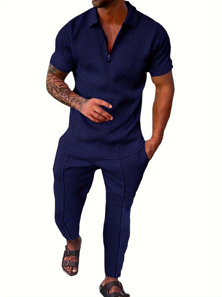 Men's 2Pcs Outfits Top & Pants Set, Casual Short Sleeve Shirt And Tapered Pants Set, Men's Clothing