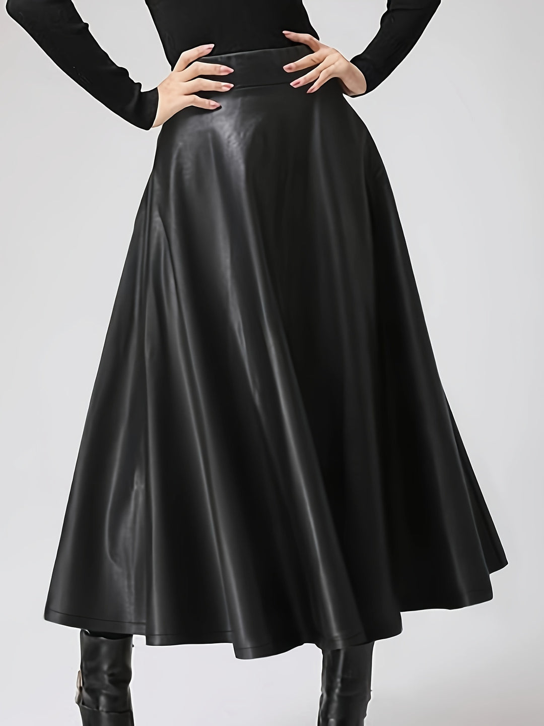 Plus Size Elegant Skirt, Women's Plus Solid PU Leather High Rise Swing A-line Skirt