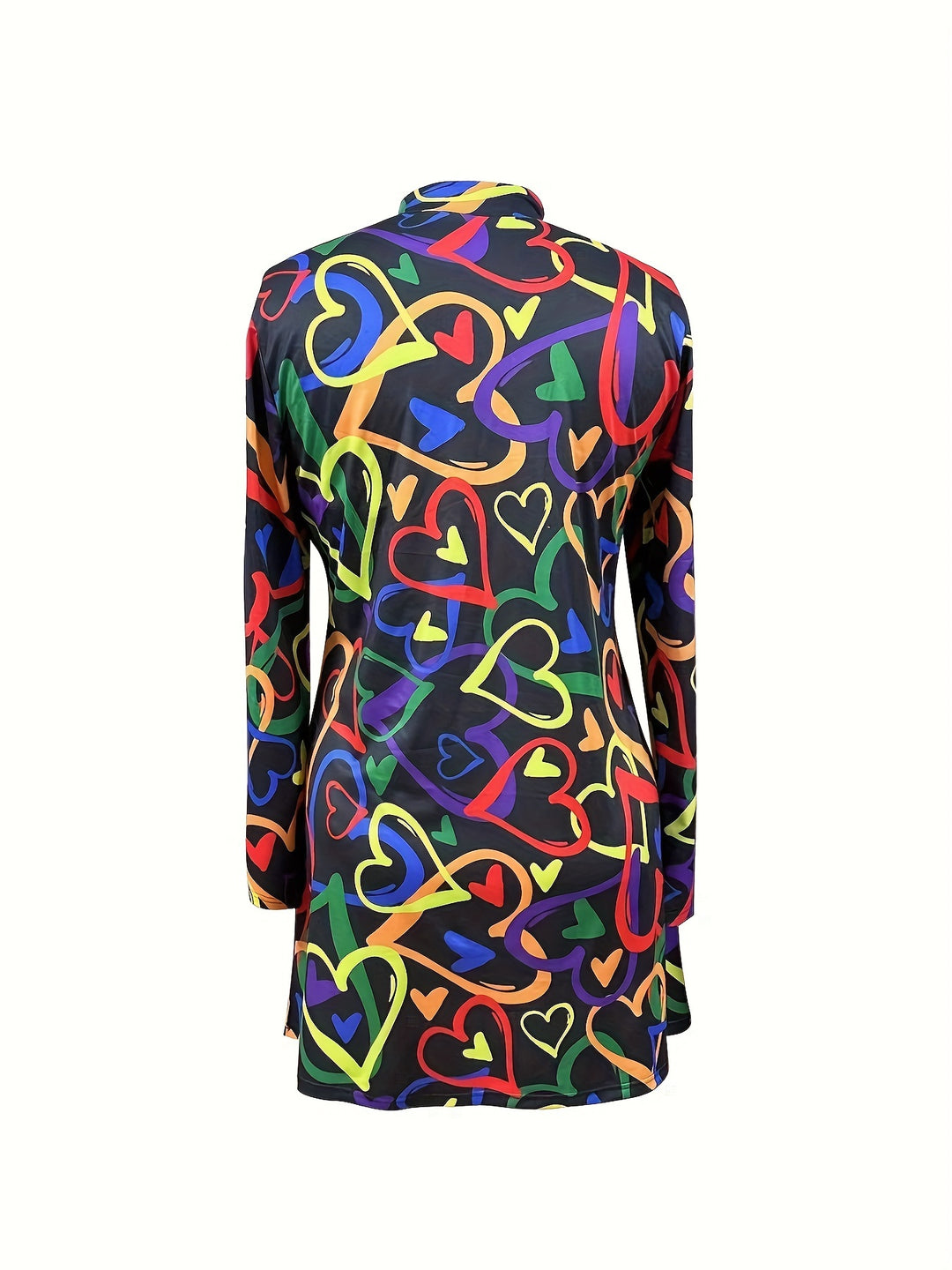 Plus Size Heart Print Dress, Cute Turtleneck Long Sleeve Dress For Spring, Women's Plus Size Clothing