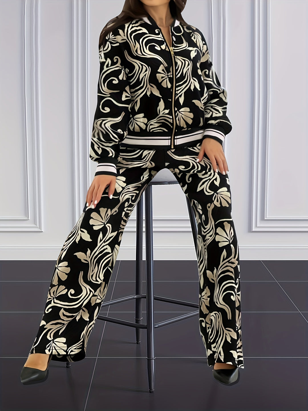 Plus Size Casual Outfits Set, Women's Plus Leaf Print Long Sleeve Zip Up Jacket & Pants Outfits 2 Piece Set