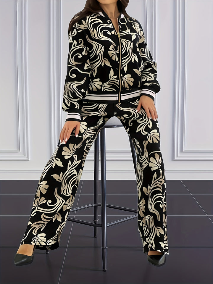 Plus Size Casual Outfits Set, Women's Plus Leaf Print Long Sleeve Zip Up Jacket & Pants Outfits 2 Piece Set