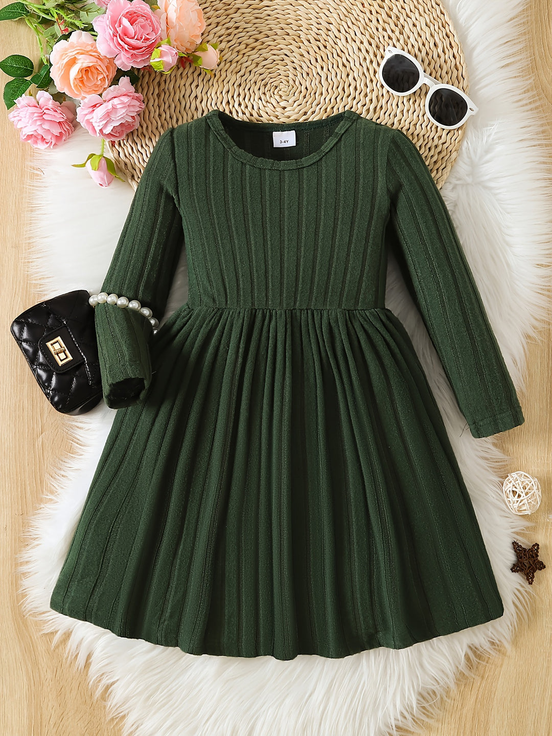 Girls Solid Color Dress Simple And Versatile Round Neck Long Sleeve Dress