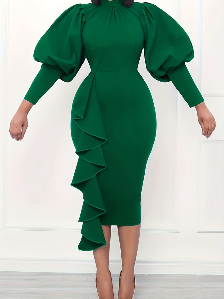 Stylish Plus Size Midi Dress with Puff Sleeves and Ruffle Trim for Women