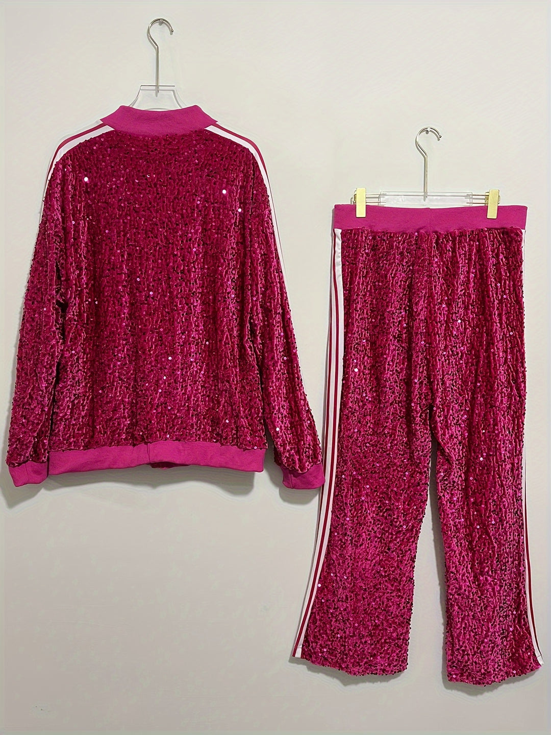 Plus Size Sequin Two-piece Set, Zip Front Long Sleeve Top & Pants Outfits, Women's Plus Size Clothing