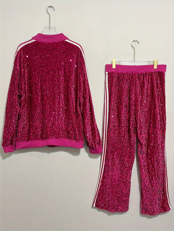 Plus Size Sequin Two-piece Set, Zip Front Long Sleeve Top & Pants Outfits, Women's Plus Size Clothing