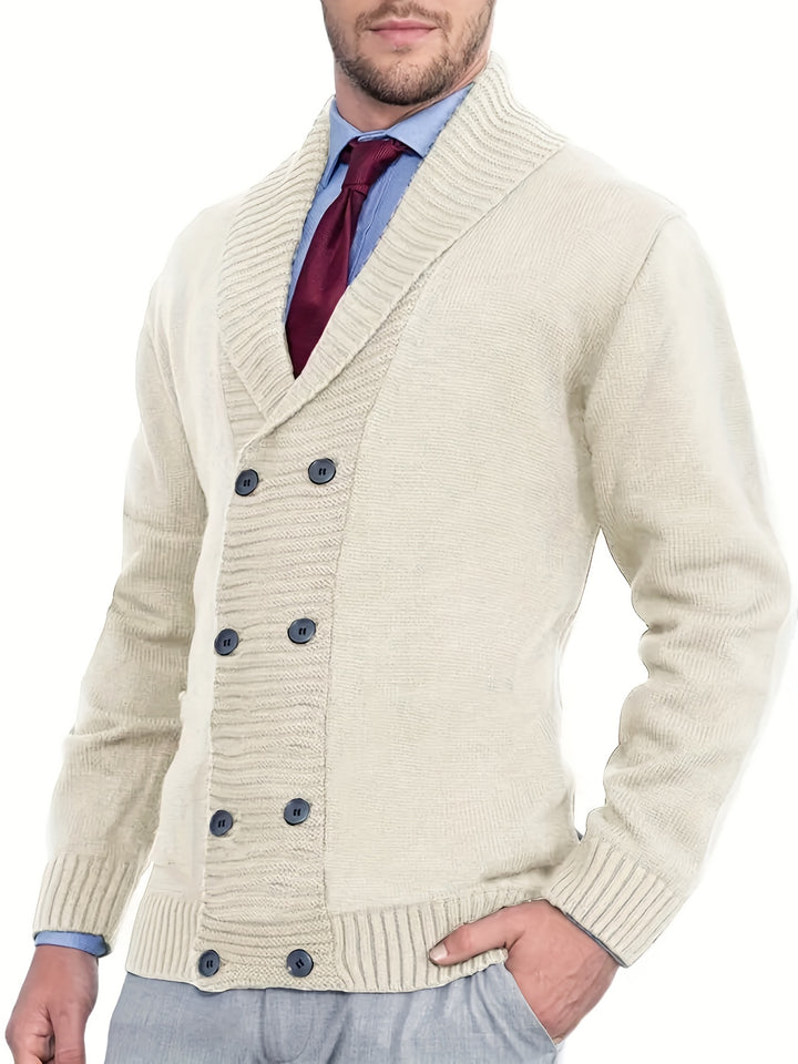 Men's Shawl Collar Cardigan Double Breasted Sweater, Plain Regular Fit Casual Knitted Sweater