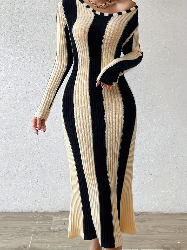 Stripe Color Block Dress, Bodycon Crew Neck Long Sleeve Dress, Women's Clothing
