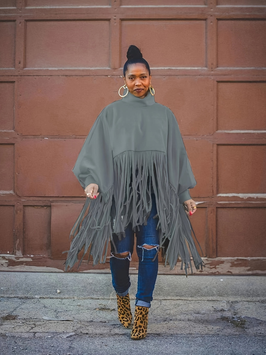 Plus Size Trendy Top, Women's Plus Solid Batwing Sleeve Mock Neck Fringe Trim Cloak Top