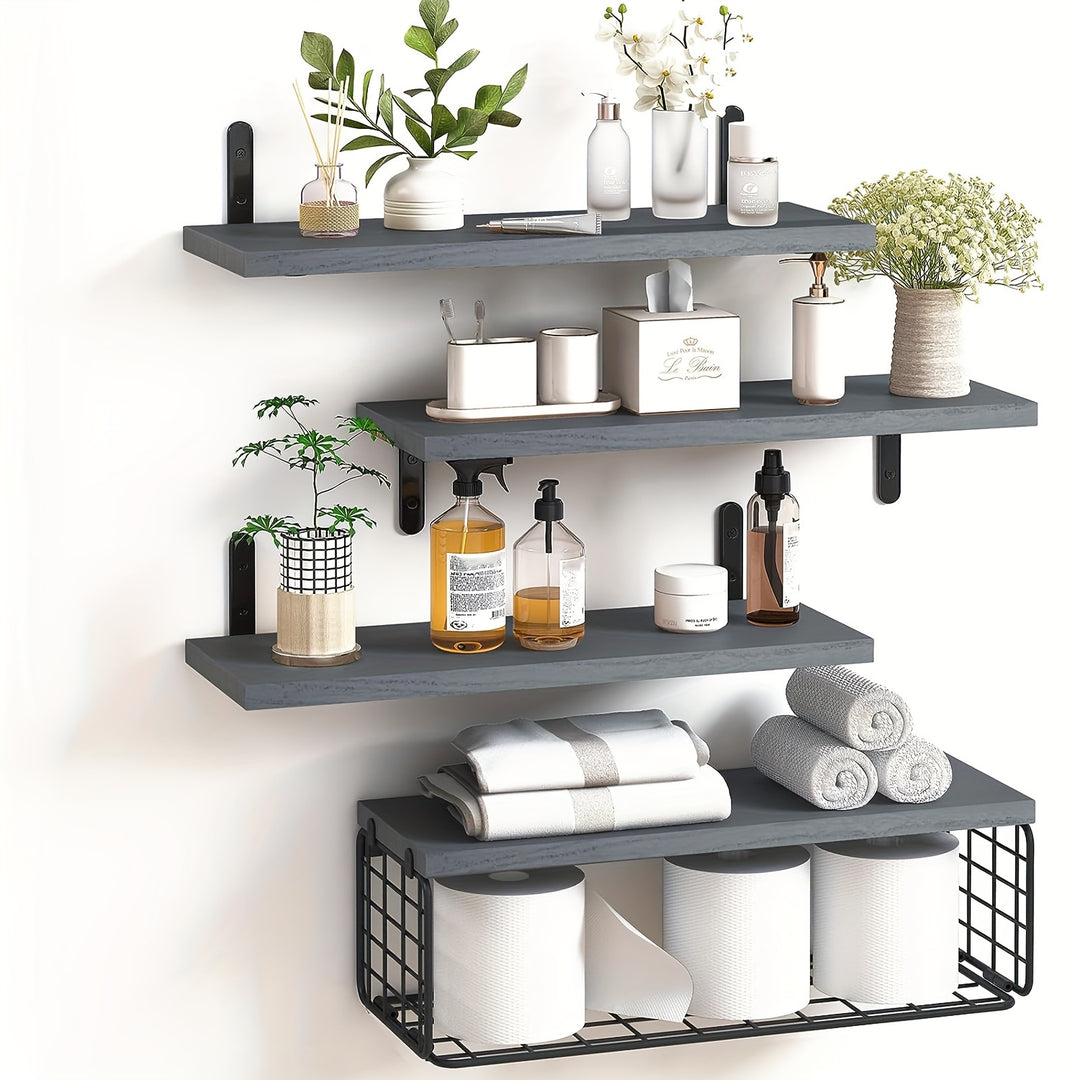 4 + 1 Layer Bathroom Shelf, Floating Shelf With Simple Wooden Wall-mounted Shelf, Toilet With Metal Wire Storage Basket Above, Kitchen, Living Room And Plant Farmhouse Wall Decoration