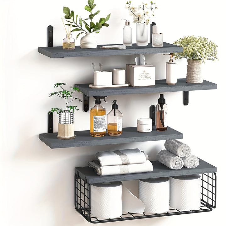 4 + 1 Layer Bathroom Shelf, Floating Shelf With Simple Wooden Wall-mounted Shelf, Toilet With Metal Wire Storage Basket Above, Kitchen, Living Room And Plant Farmhouse Wall Decoration