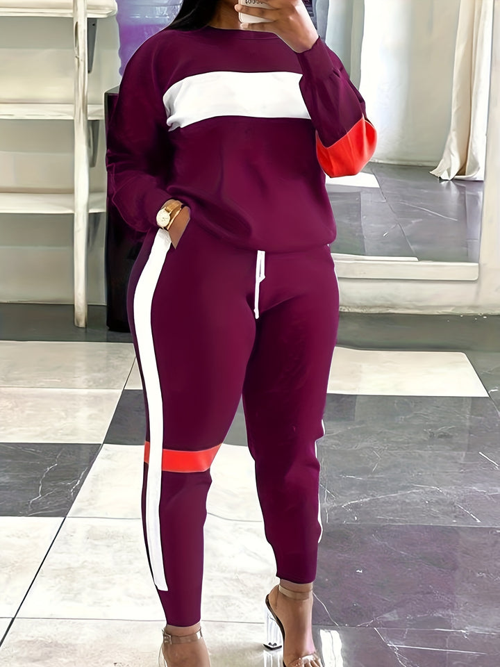 Plus Size Casual Outfits Set, Women's Plus Colorblock Long Sleeve Round Neck Pullover Top & Drawstring Joggers With Pockets Outfits Two Piece Set
