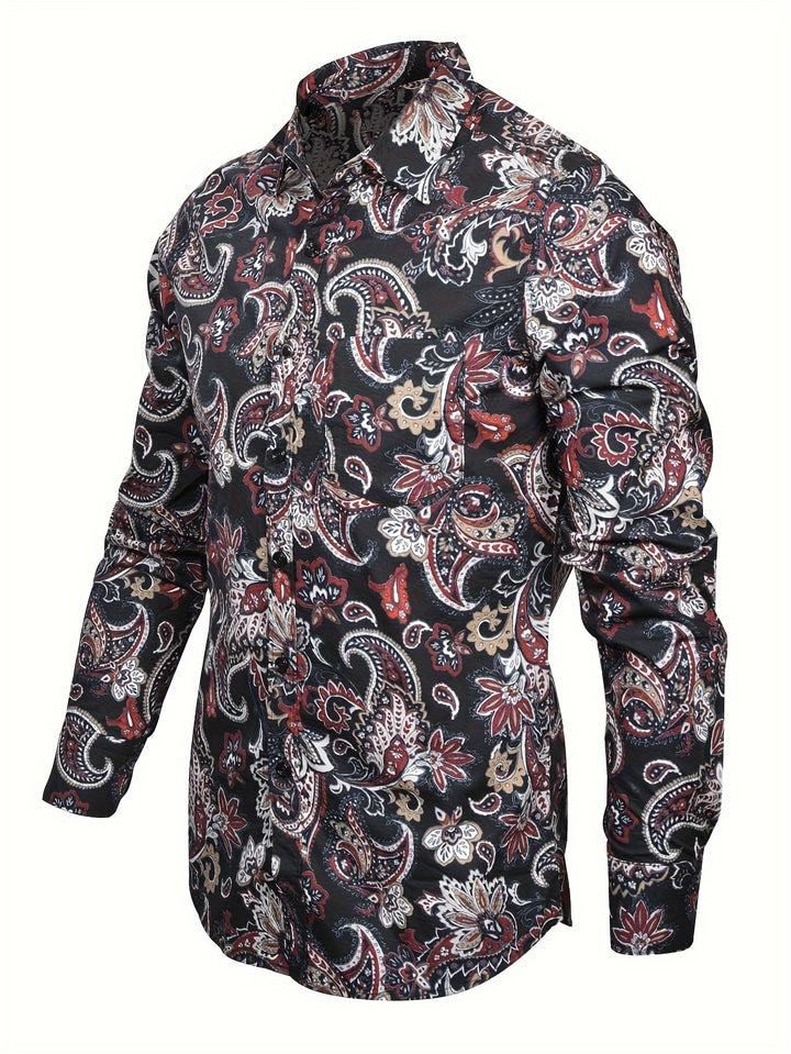 Stylish Paisley Pattern Men's Long Sleeve Button Up Shirt For Spring Fall, Men's Banquet Dress, Gift For Men