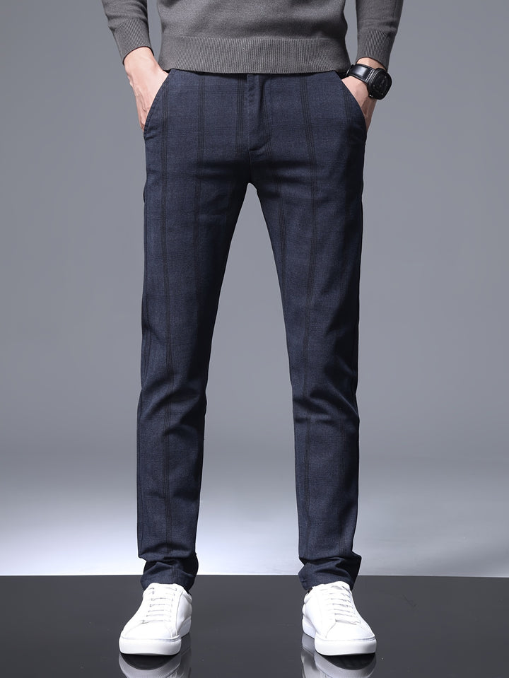 Retro Style Checkered Men's Casual Long Slim Fit Pants With Multi Pocket, Spring Fall Outdoor