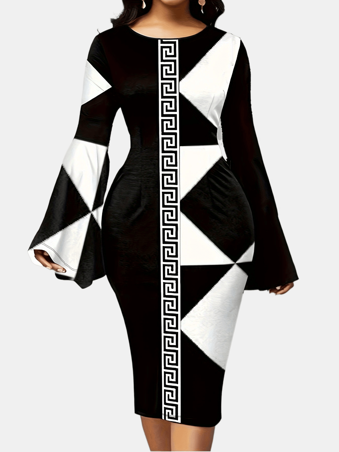 Plus Size Casual Dress, Women's Plus Colorblock Geometric Print Bell Sleeve Round Neck Dress