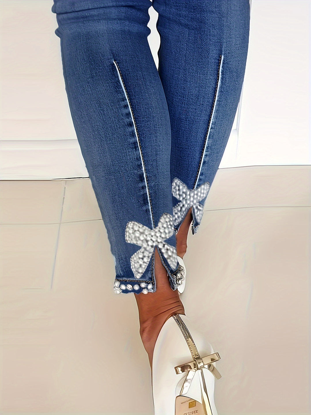 Blue High-Stretch Skinny Jeans, Faux Pearl Decor Slim Fit Split Denim Pants, Women's Denim Jeans & Clothing