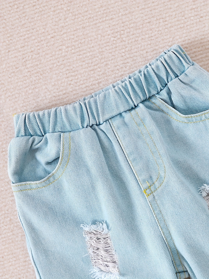 Toddler Baby Boys Stylish Outfit - Long Sleeve Stitching Pullover + Ripped Jeans Set