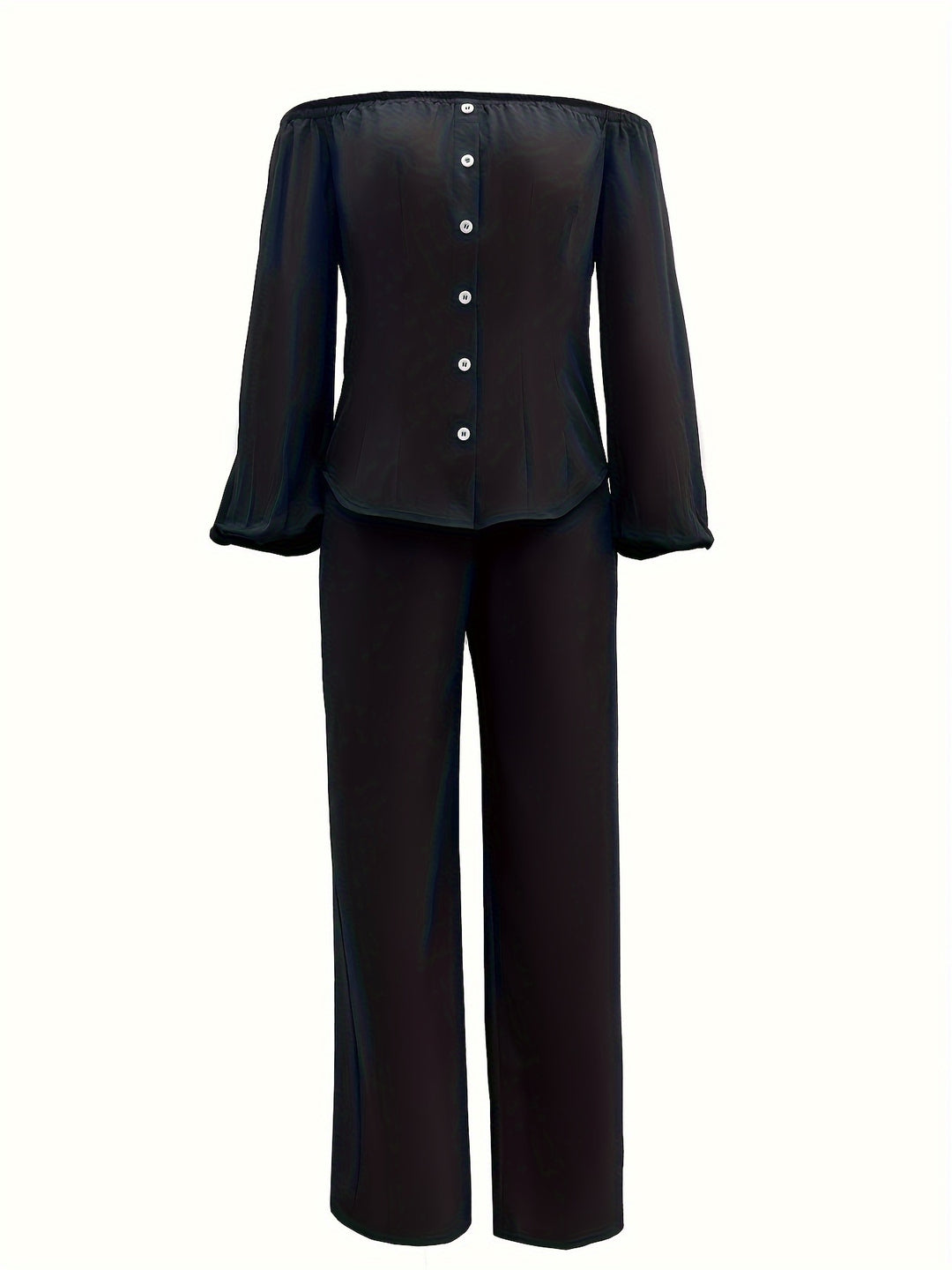 Solid Causal Two-piece Set, Off Shoulder Lantern Sleeve Button Top & Straight Leg Pants Outfits, Women's Clothing