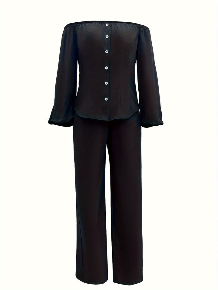 Solid Causal Two-piece Set, Off Shoulder Lantern Sleeve Button Top & Straight Leg Pants Outfits, Women's Clothing