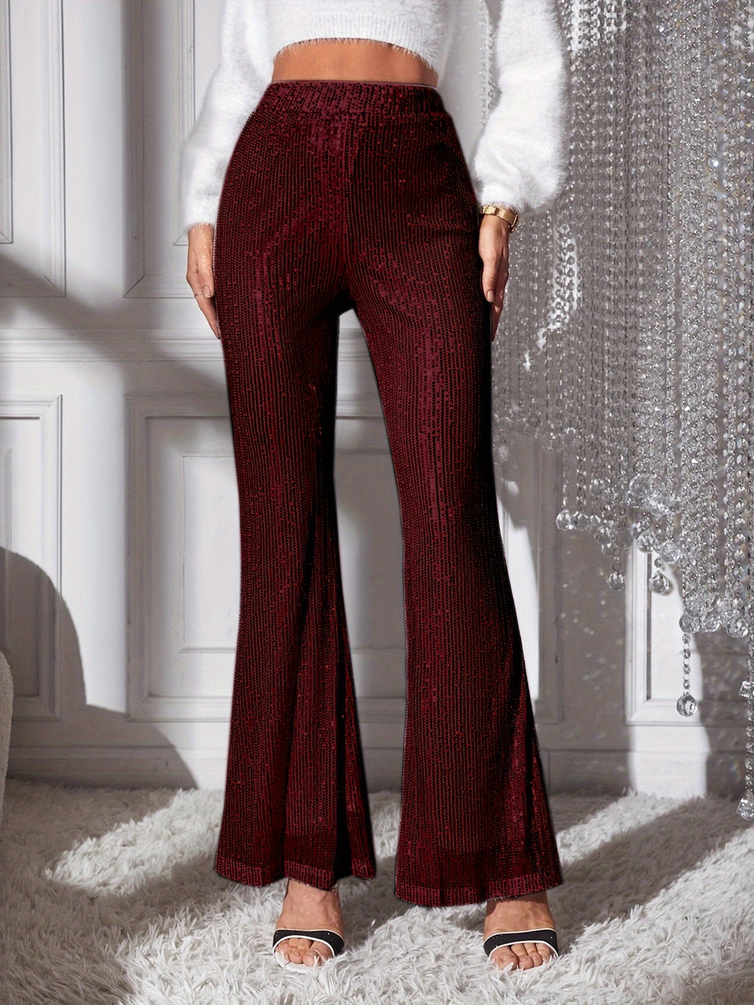 Sequined Solid Flare Leg Pants, Elegant High Waist Fashion Pants, Women's Clothing