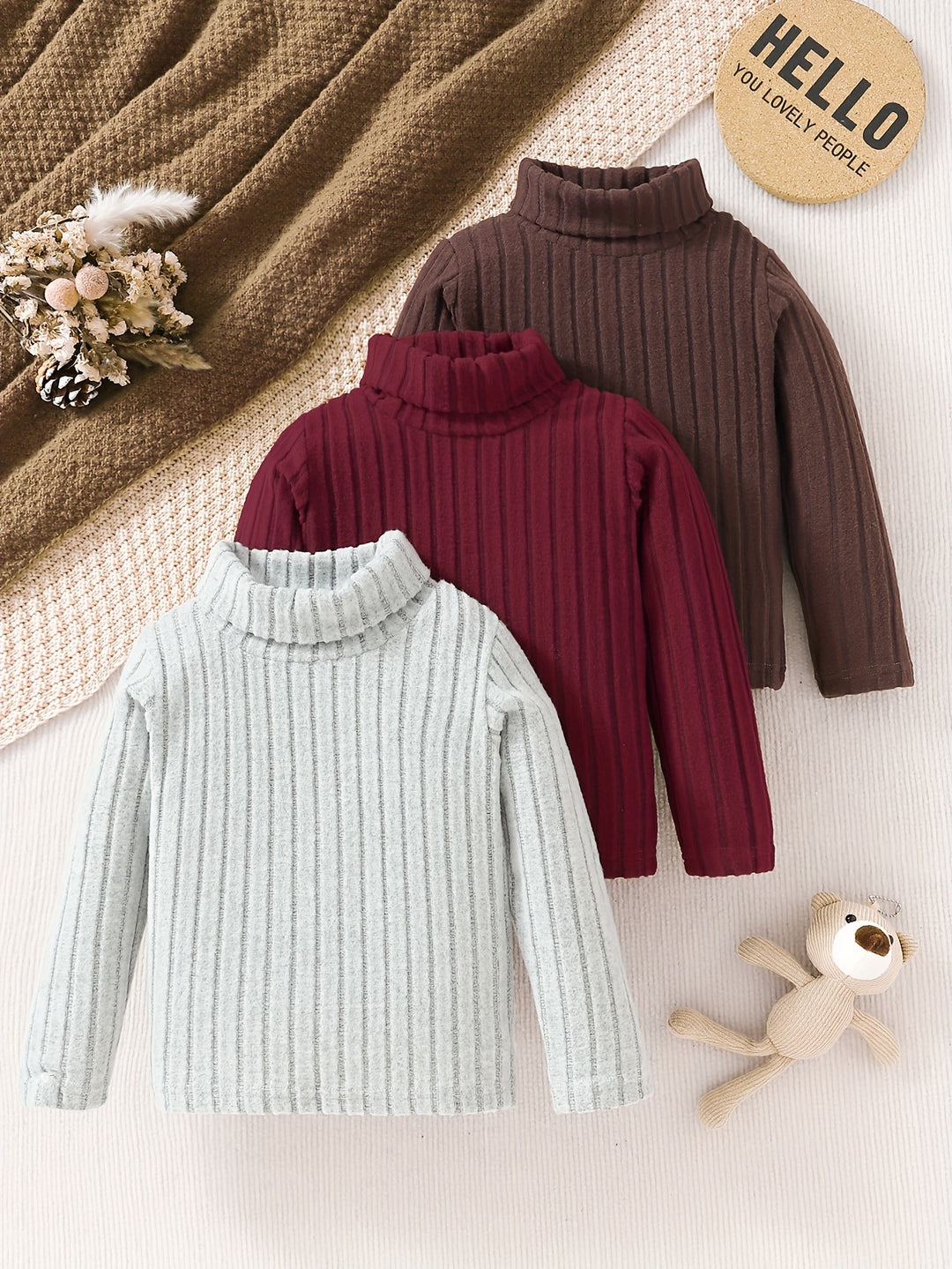 3pcs Kid's Solid Turtleneck Sweater, Knit Long Sleeve Top, Boy's Clothes For Fall Winter, As Gift