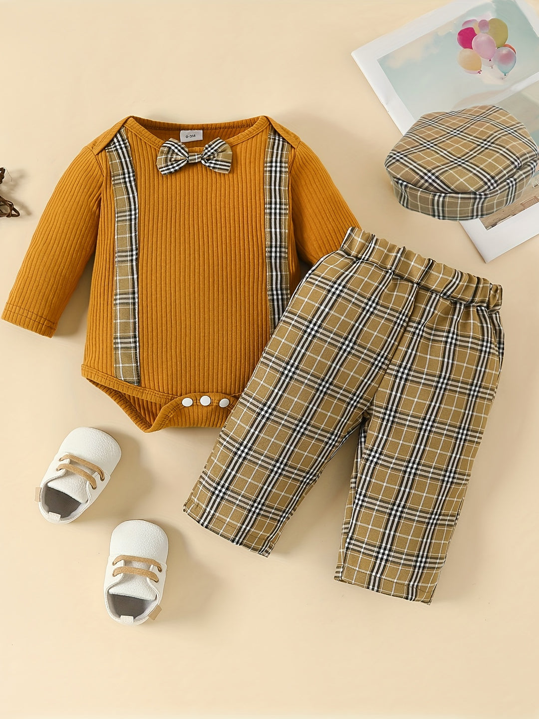 Popular Gentleman Style Striped Fake Strap Long Sleeve Romper + Plaid Trousers + Small Top Hat Baby Boys 3pcs Set