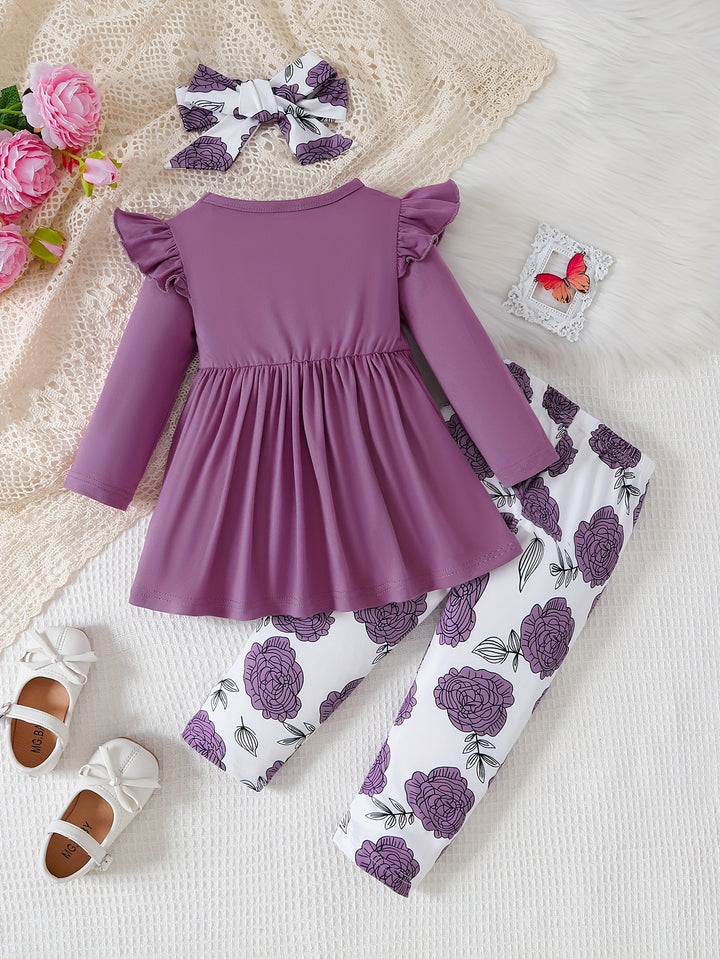 Casual Girl's Cute 3pcs Outfits, Toddler's Long-sleeved Flutter Sleeve Bow Dres Top + Flower Print Pants + Headscarf Set